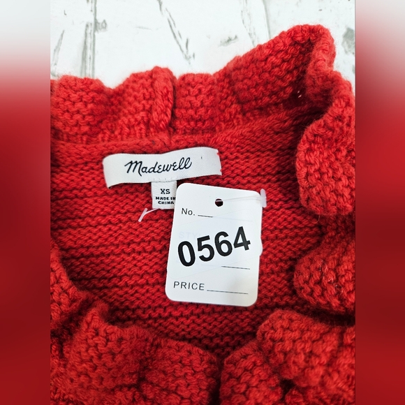 Madewell Womens Cotton Merino Wool Sweater Xsmall Ruffle Neck Red Textured - Picture 8 of 12